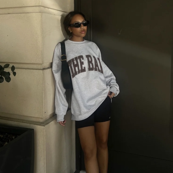 New The Bar Varsity Sweatshirt, Light Heather Grey/Chocolate. - Picture 7 of 8